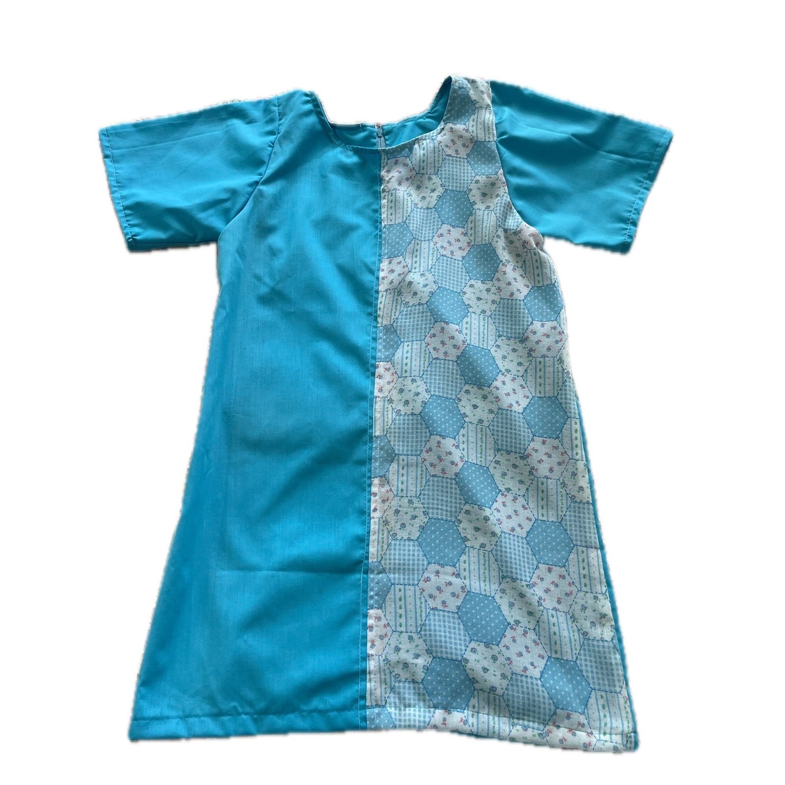 Vintage 70s Handmade Blue Patchwork Hexagon Shift Dress Short Sleeve Retro Sz S